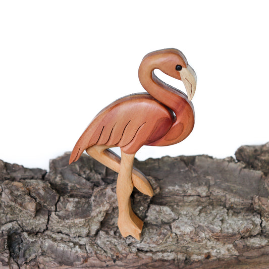 Flamingo wooden ornament or magnet, Personalized bird wood carving, Handmade intarsia wood art, Whimsical wildlife decoration
