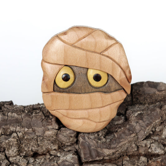 Cute Egyptian mummy wooden magnet or ornament, Intarsia wood art, Wood carving, Halloween décor, Zombie monster