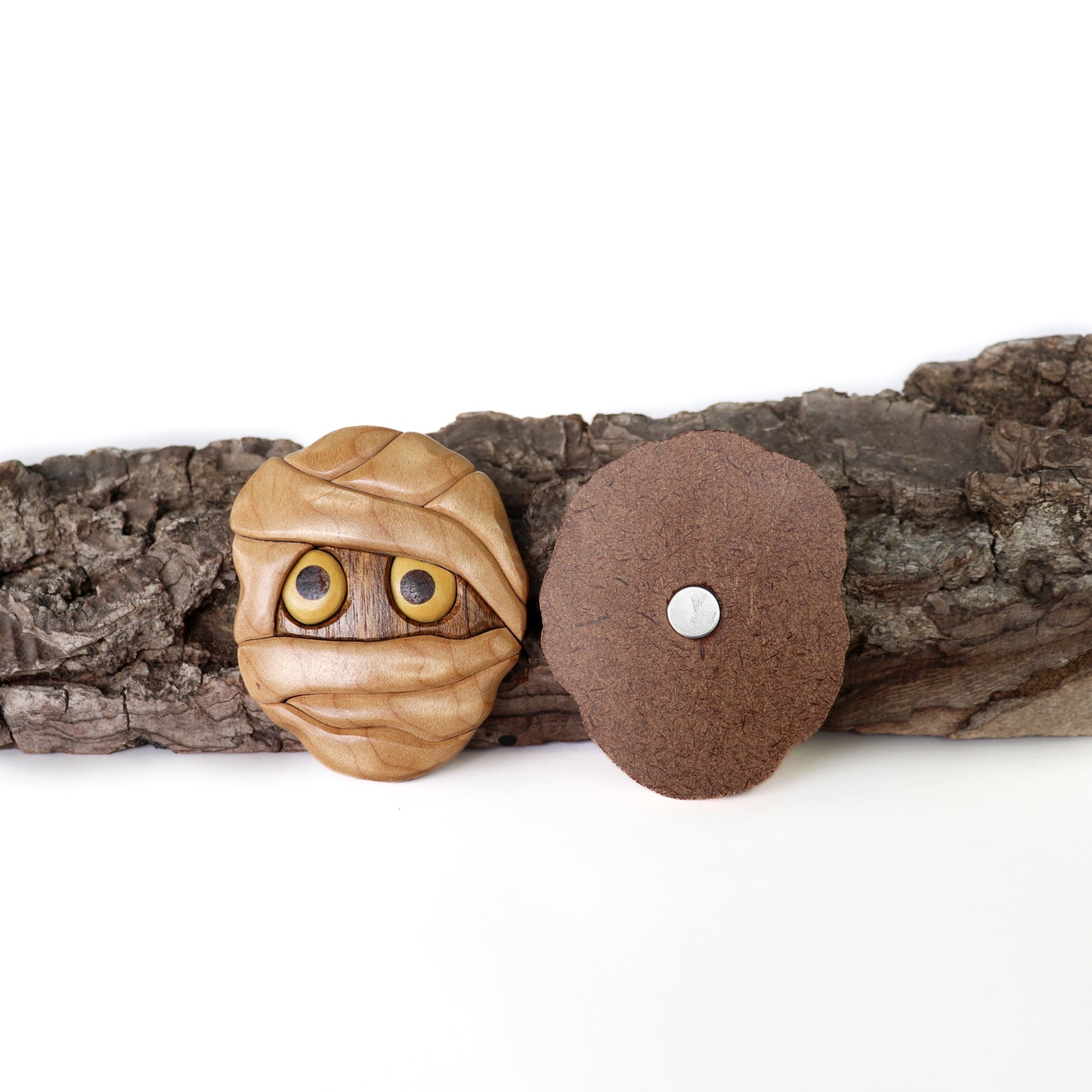 Cute Egyptian mummy wooden magnet or ornament, Intarsia wood art, Wood carving, Halloween décor, Zombie monster