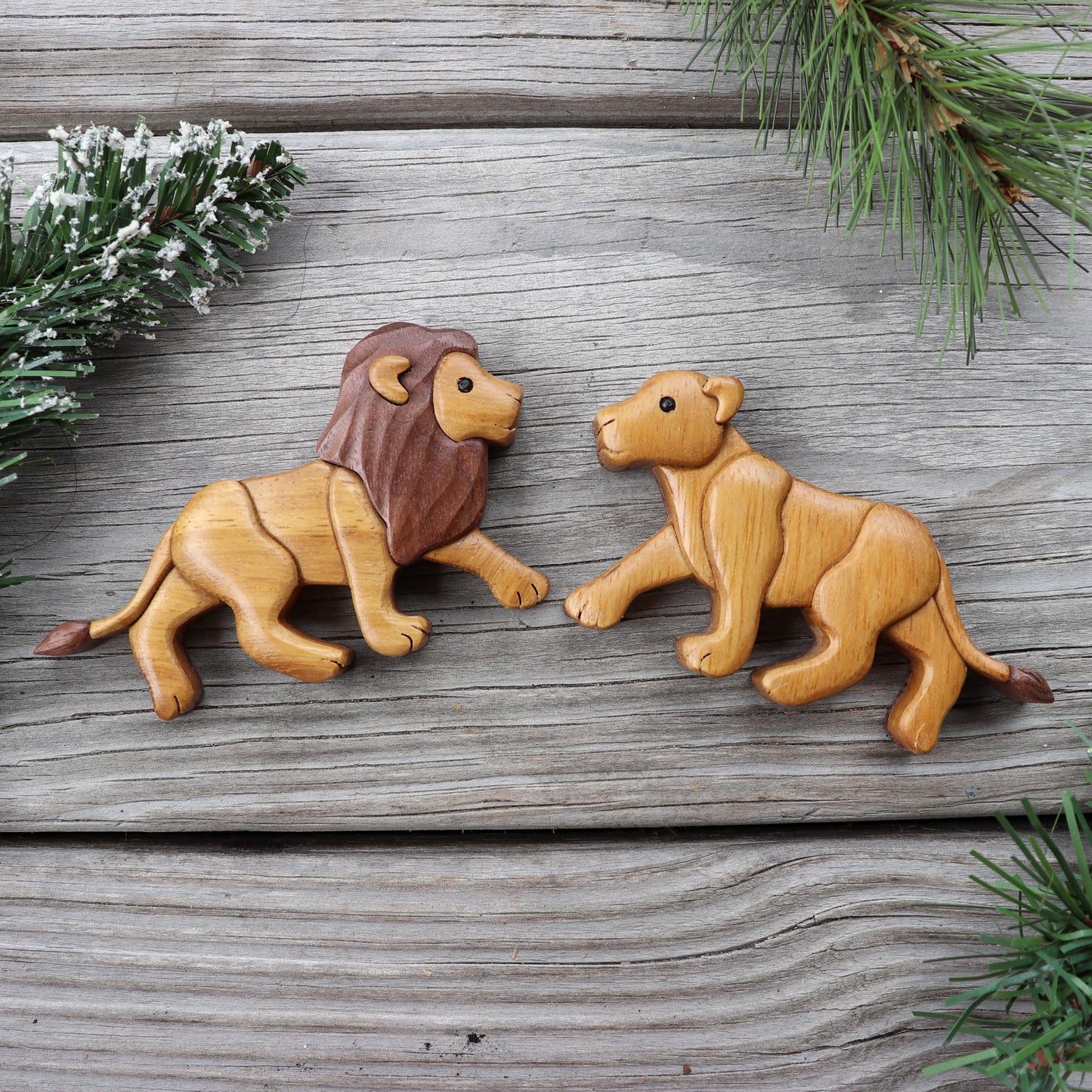 Lion wooden magnet or ornament, Wildlife wood carving , Handmade collectable ornament, Scroll saw art