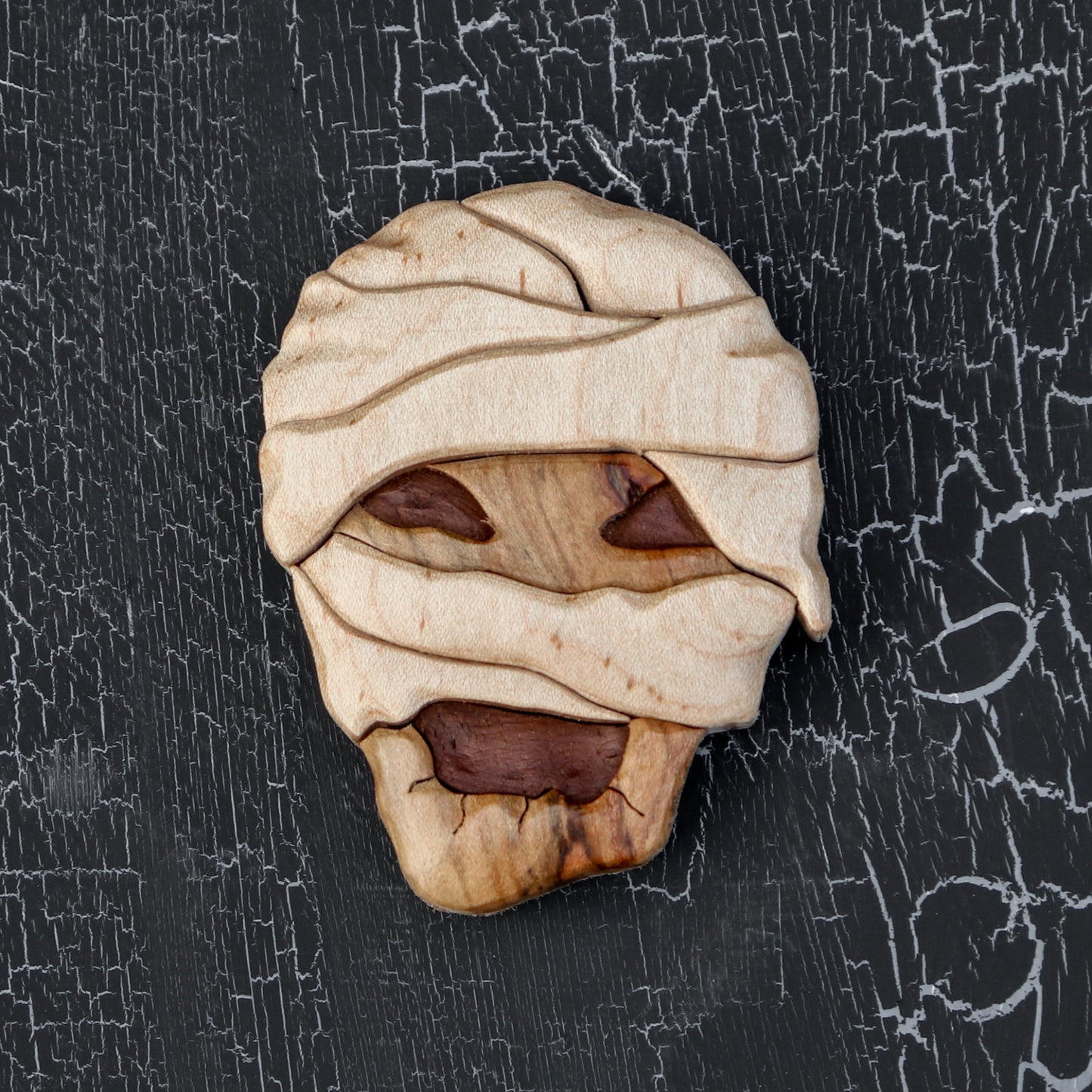 Spooky Egyptian mummy wooden magnet or ornament, Intarsia wood art, Wood carving, Halloween décor, Zombie monster