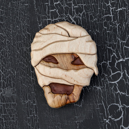 Spooky Egyptian mummy wooden magnet or ornament, Intarsia wood art, Wood carving, Halloween décor, Zombie monster