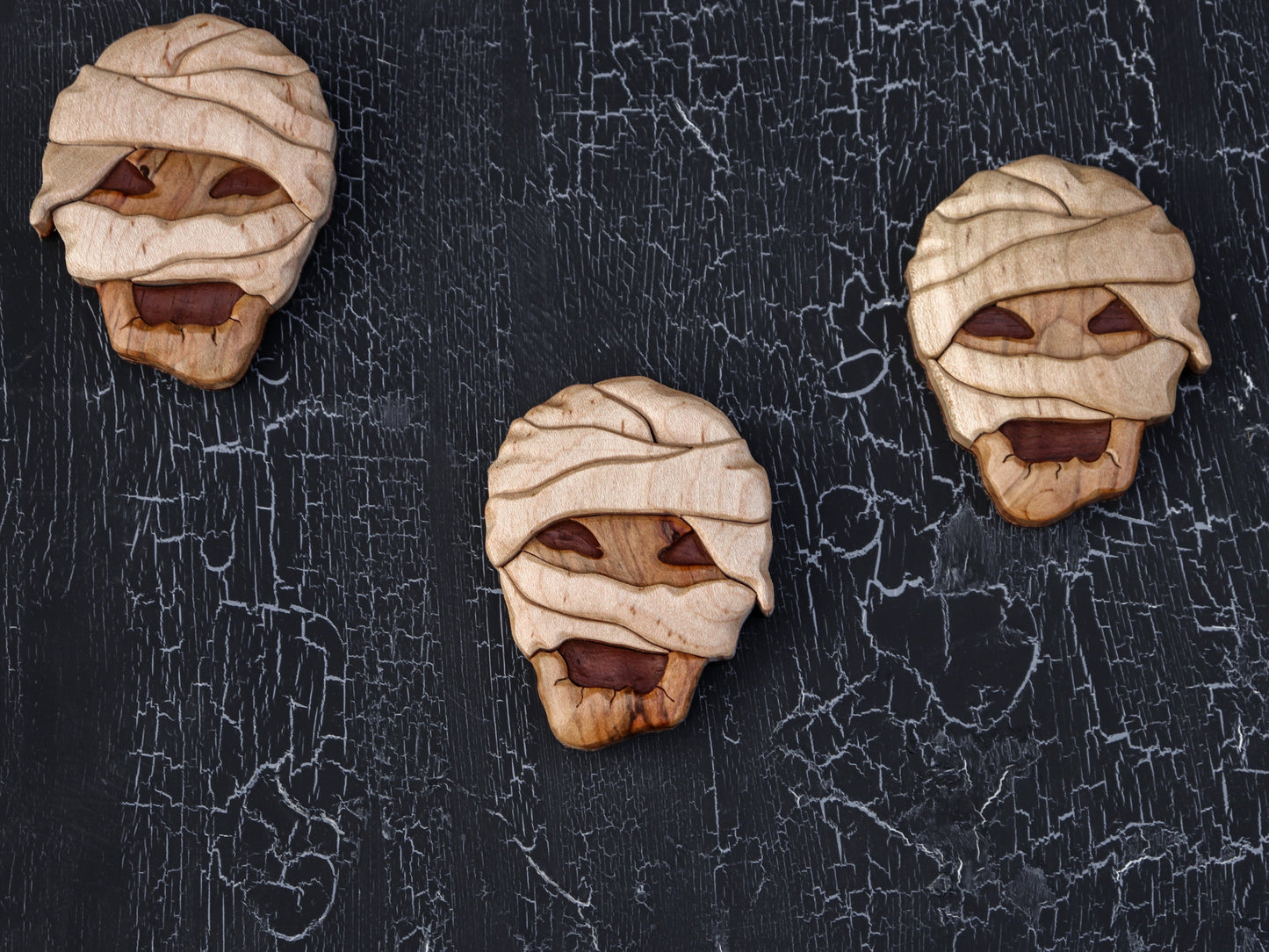 Spooky Egyptian mummy wooden magnet or ornament, Intarsia wood art, Wood carving, Halloween décor, Zombie monster