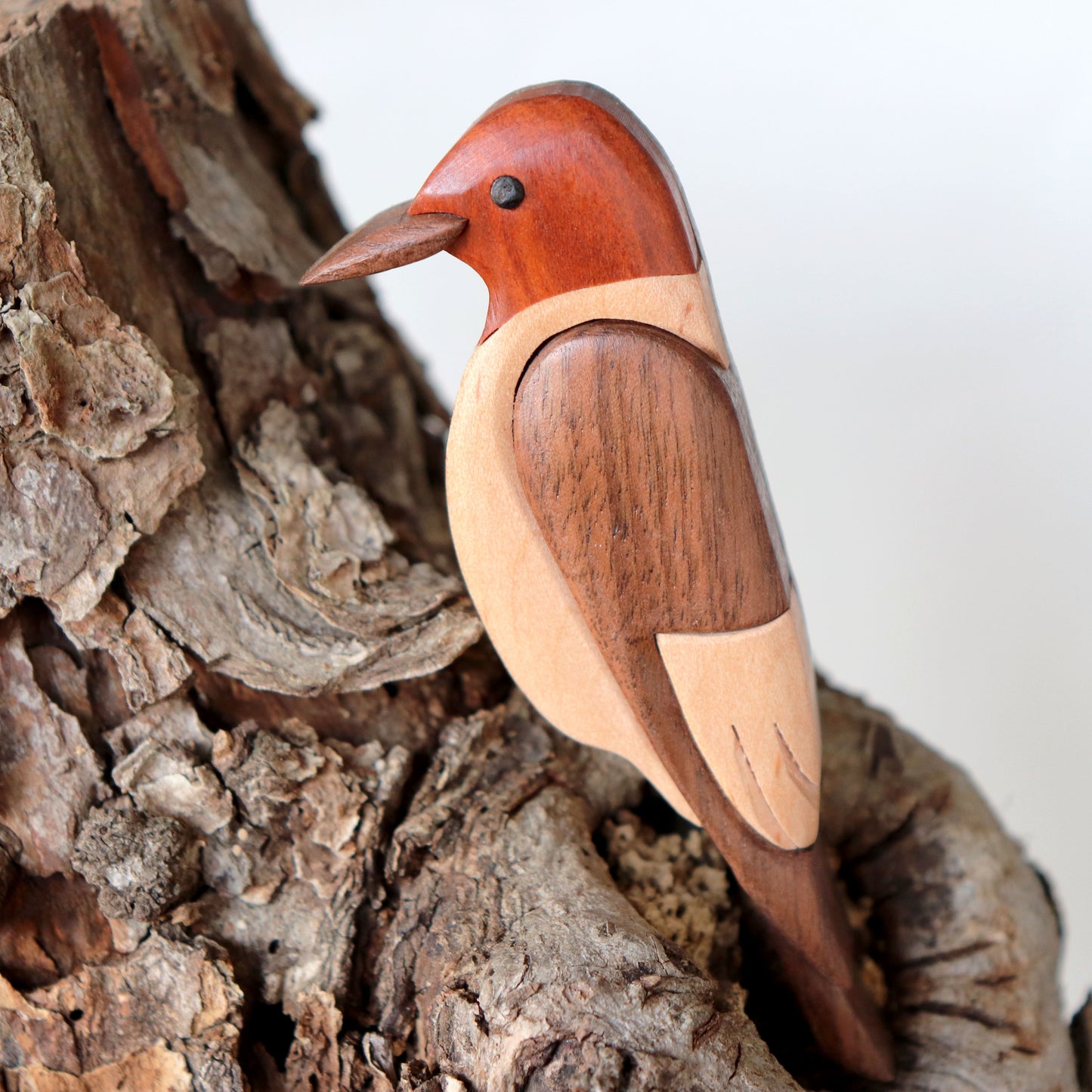 Red-headed woodpecker Christmas ornament or magnet, Handmade bird intarsia wood art, Personalized wood carving, Wooden scroll saw decoration