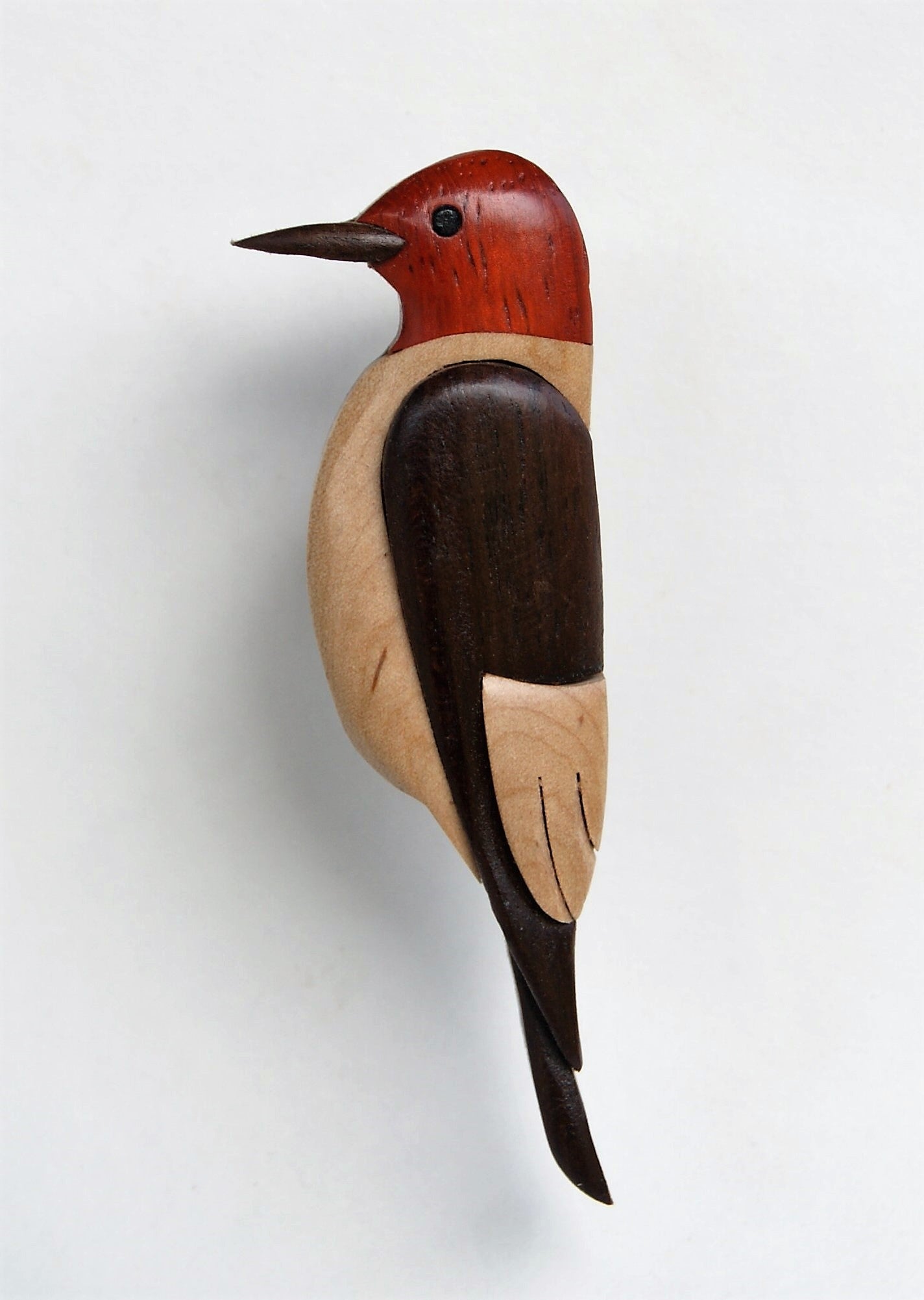 Red-headed woodpecker Christmas ornament or magnet, Handmade bird intarsia wood art, Personalized wood carving, Wooden scroll saw decoration