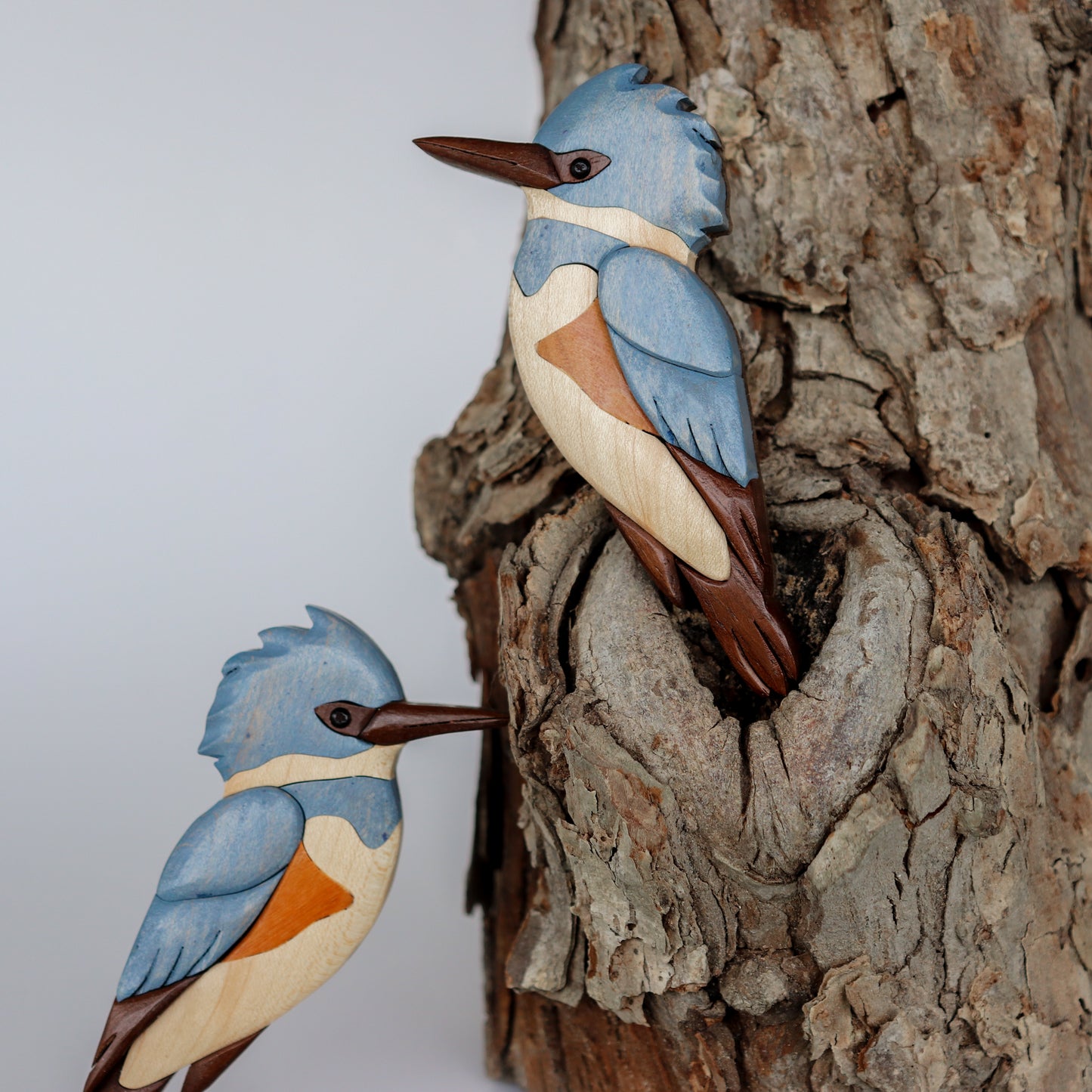 two belted kingfisher perched and leaning on a tree branch, made out of wood showing cuts from a scroll saw in the wings.