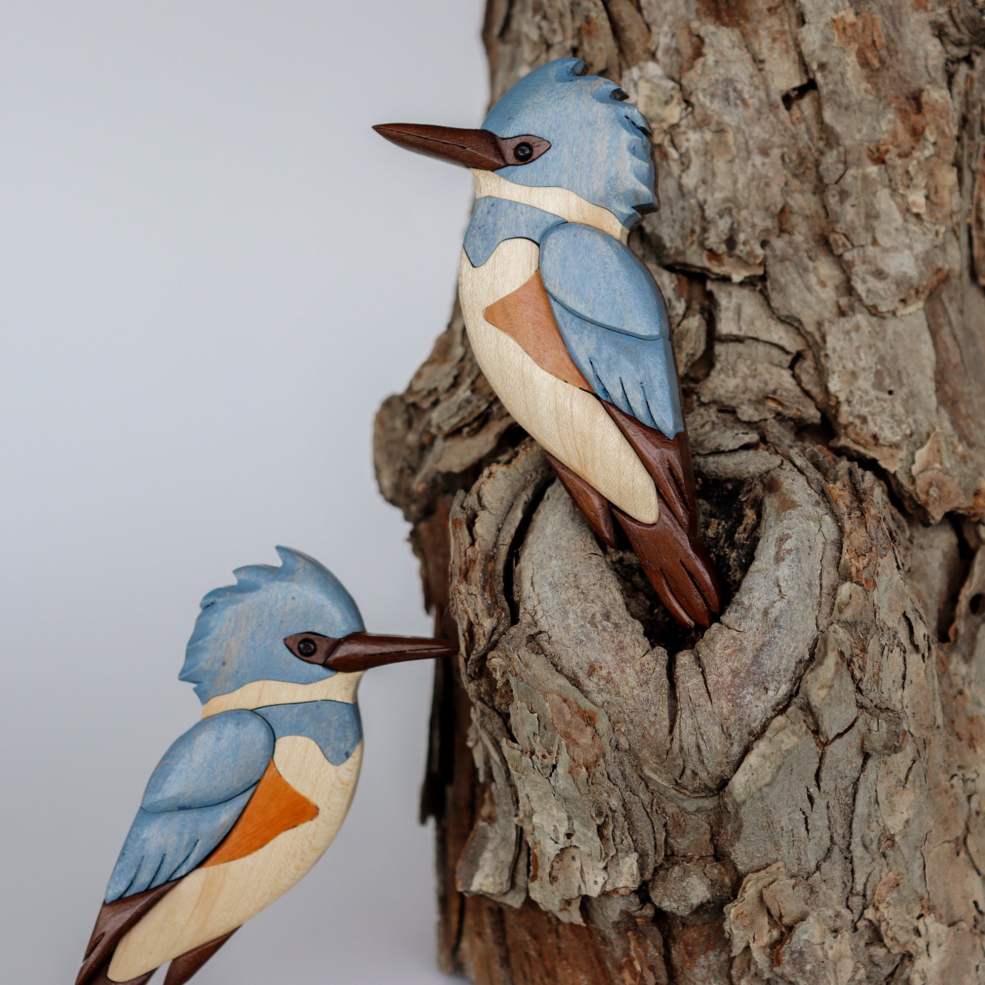 two belted kingfisher perched and leaning on a tree branch, made out of wood showing cuts from a scroll saw in the wings.