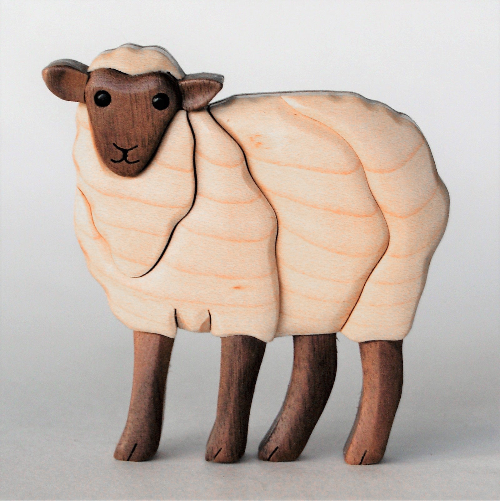 white sheep miniature intarsia made from maple, and black walnut face and legs, standing with a white background