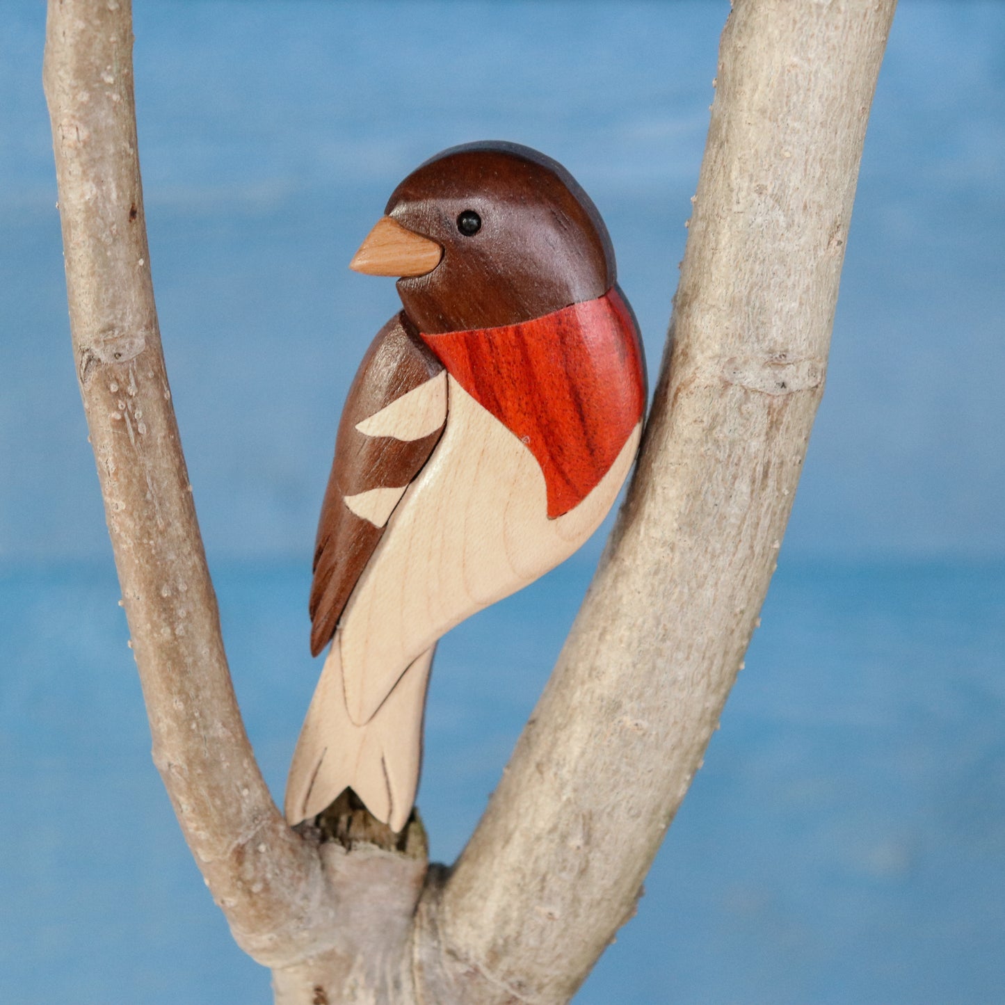 Rose-breasted Grosbeak wood carved Christmas ornament, Wooden animal magnet, American wildlife intarsia, Bird scroll saw art