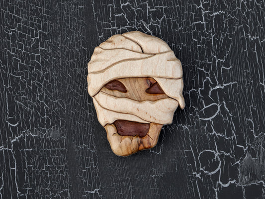 Spooky Egyptian mummy wooden magnet or ornament, Intarsia wood art, Wood carving, Halloween décor, Zombie monster