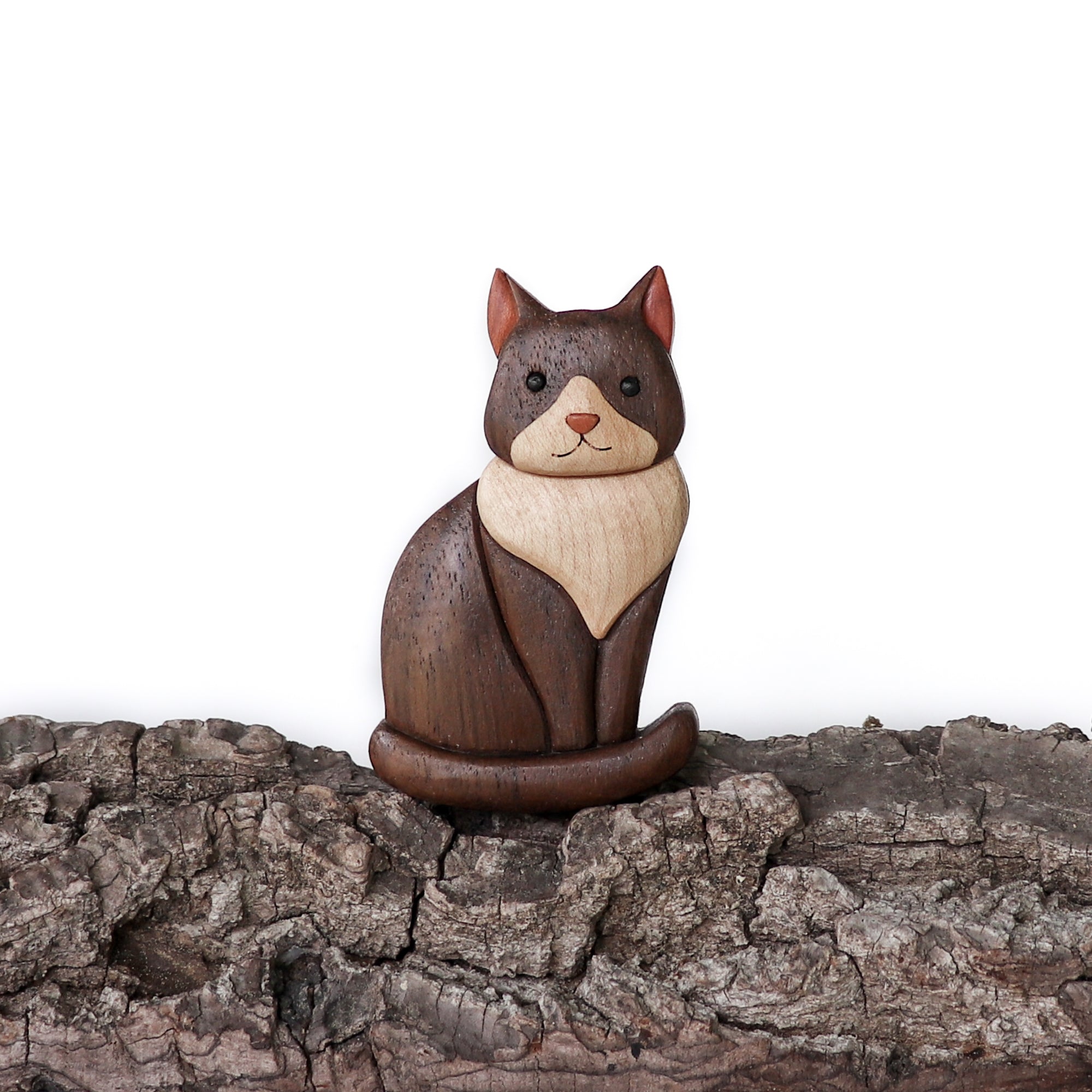 Wood intarsia tuxedo cat made mostly from peruvian walnut and maple and red cedar inlays